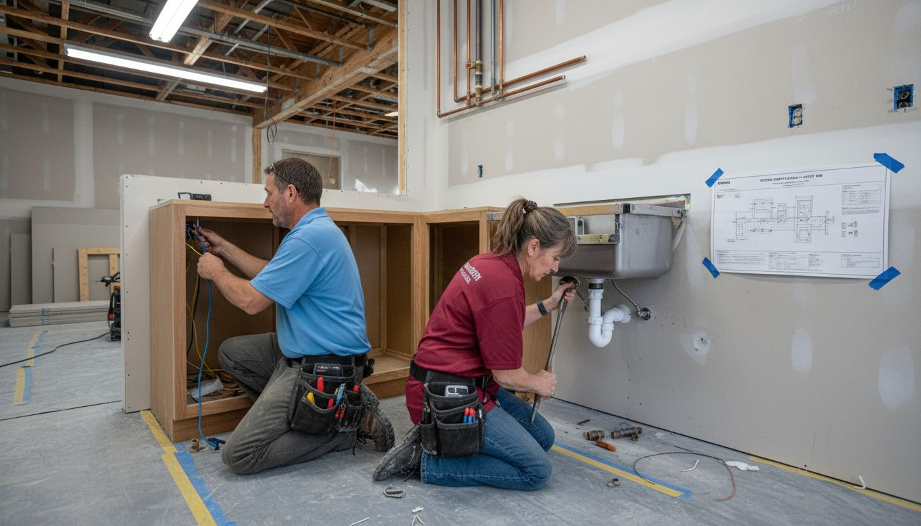 Subcontractors wiring and plumbing in kitchen