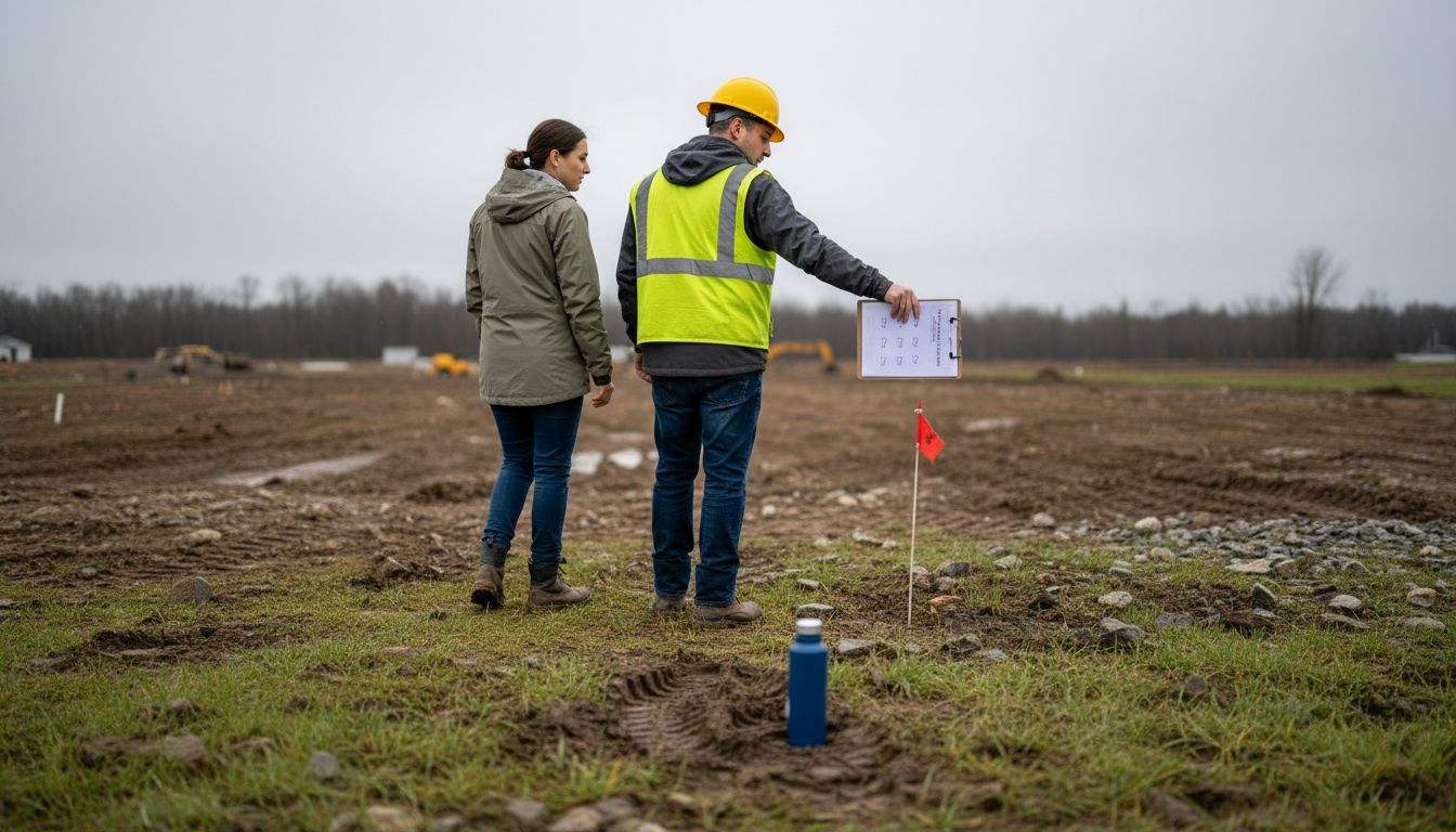Homeowners and builder inspecting construction site