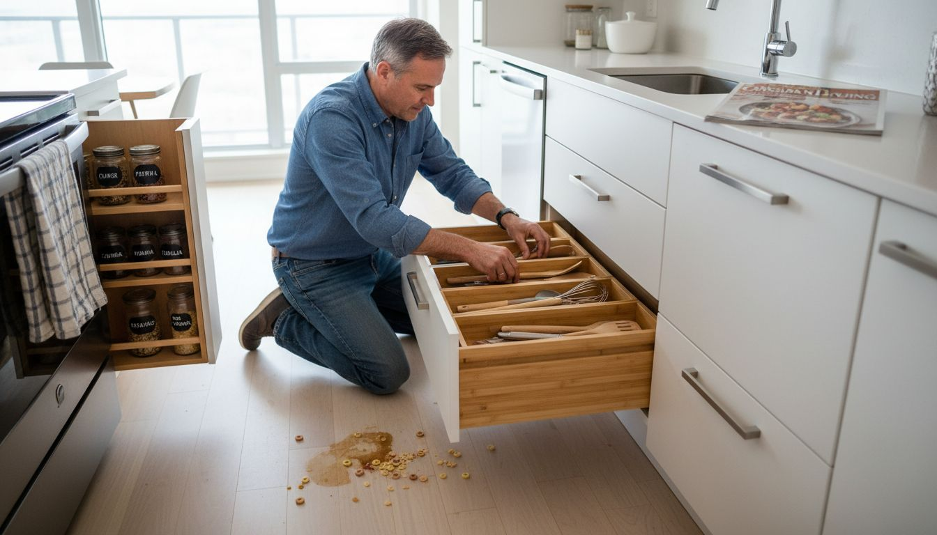 Homeowner organizing efficient kitchen storage