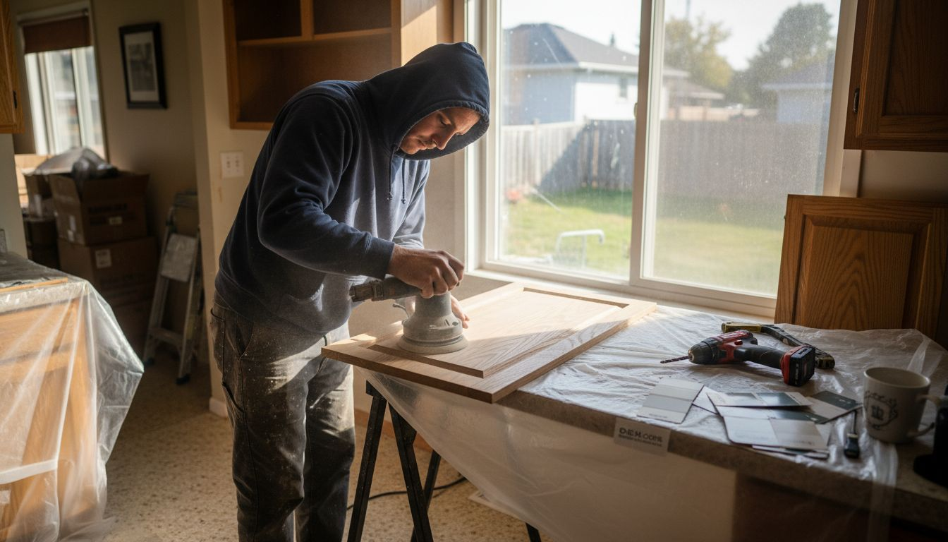 Contractor sanding cabinet during Ontario kitchen renovation