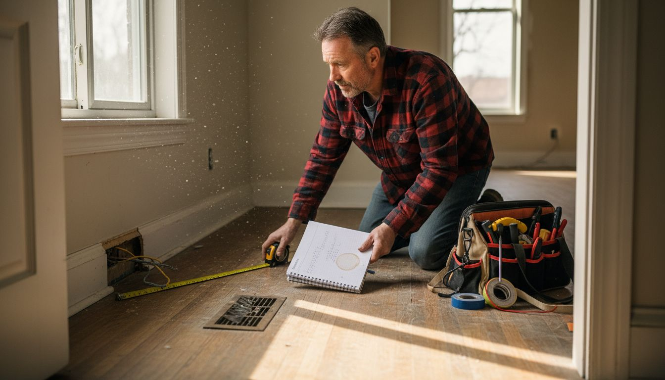Contractor measuring Ontario home living room