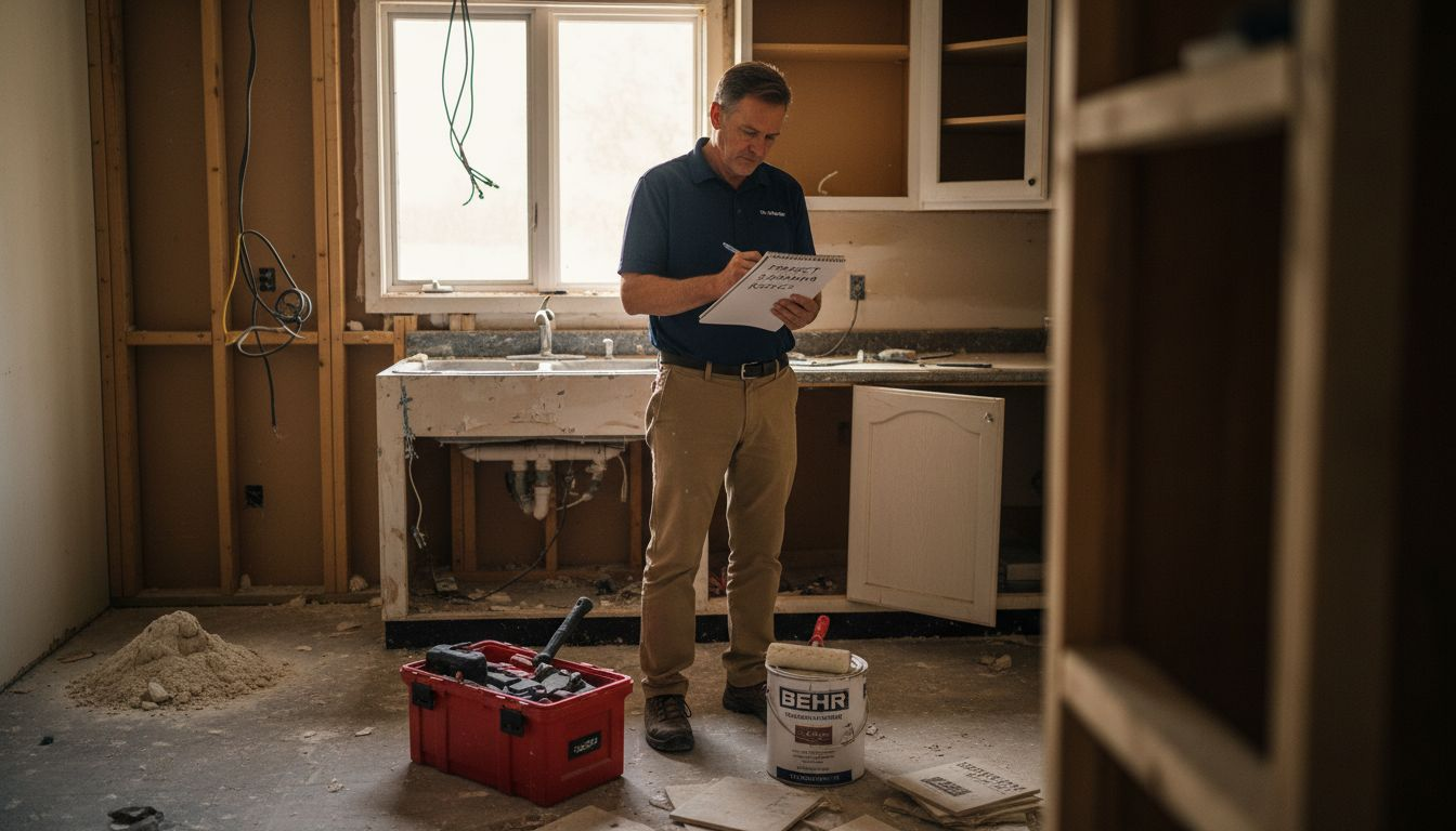 Consultant reviewing renovation kitchen progress