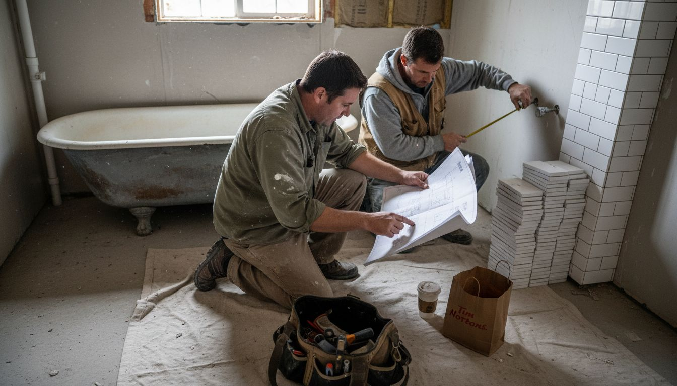 Contractors planning in-progress bathroom renovation