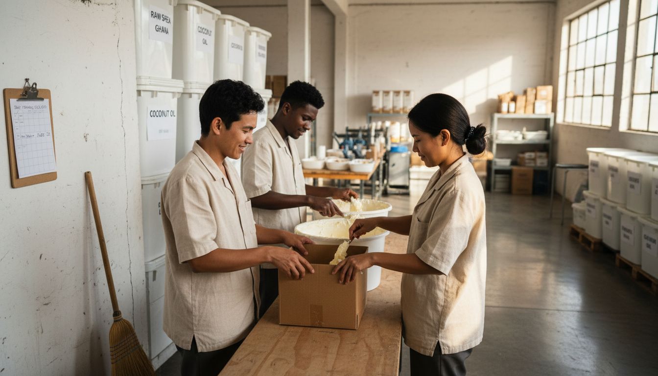 Workers filling fair trade cosmetic containers