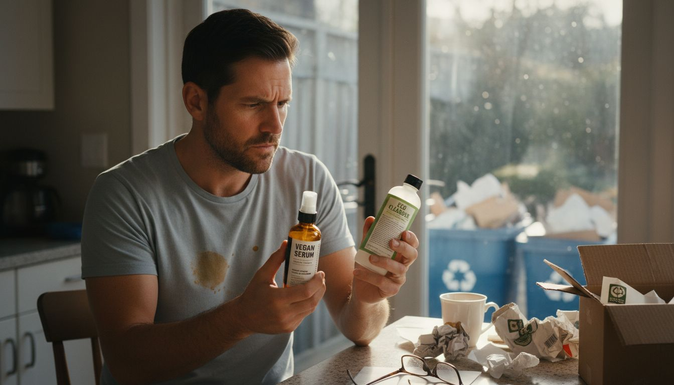 Man comparing cruelty-free product ingredients