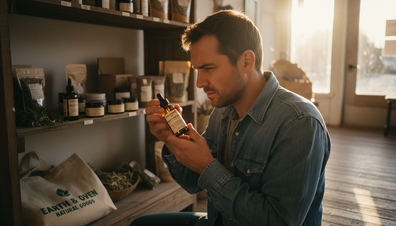 Man examining skincare ingredient label in store