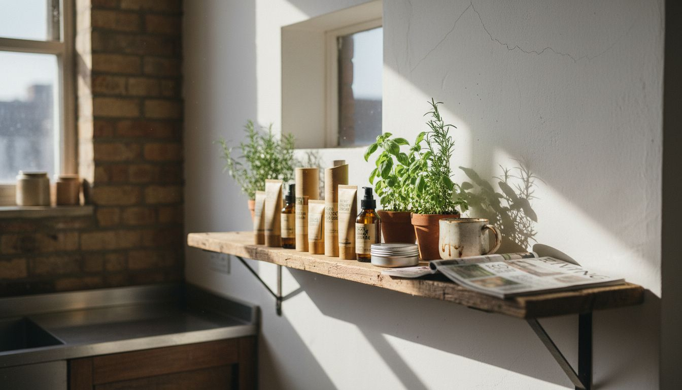 Sustainable beauty products on rustic wood shelf