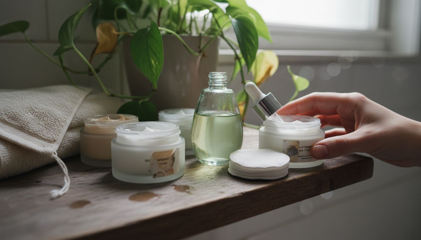 Closeup non-toxic skincare products on shelf