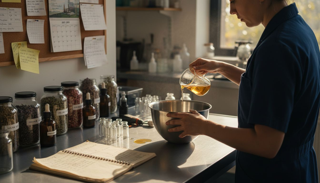 Formulator preparing natural skincare ingredients