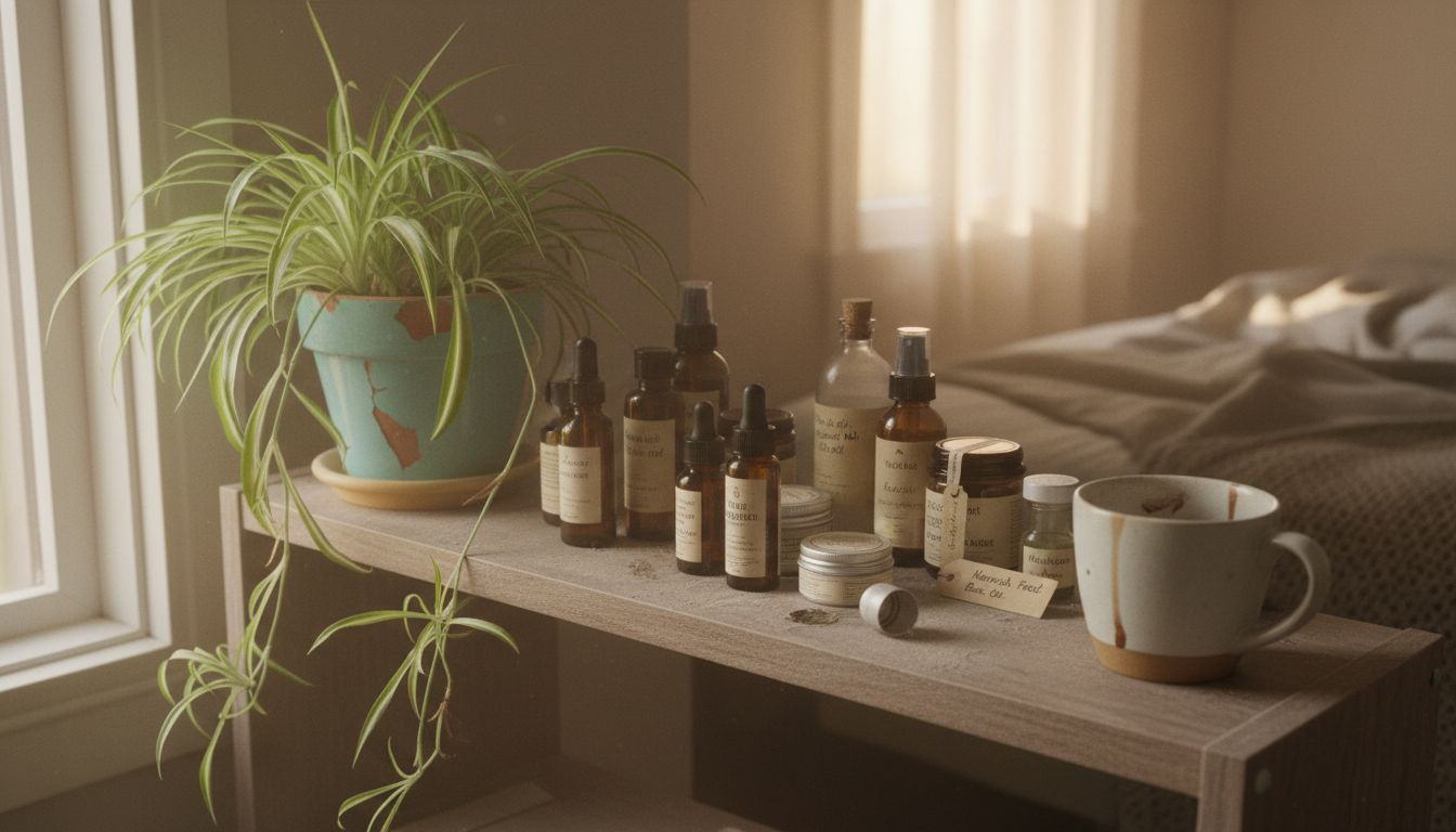 Shelf with natural plant-based skincare products