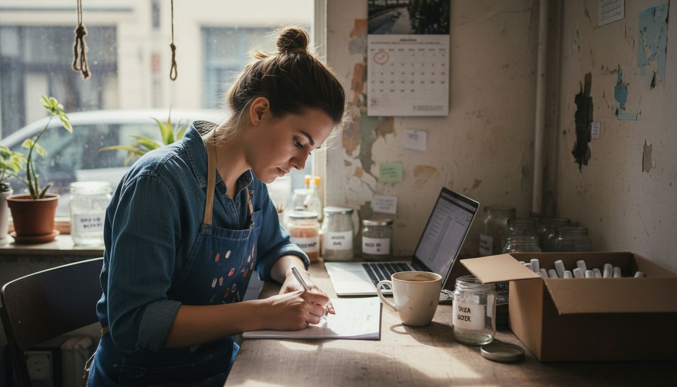 Beauty founder at cluttered studio desk
