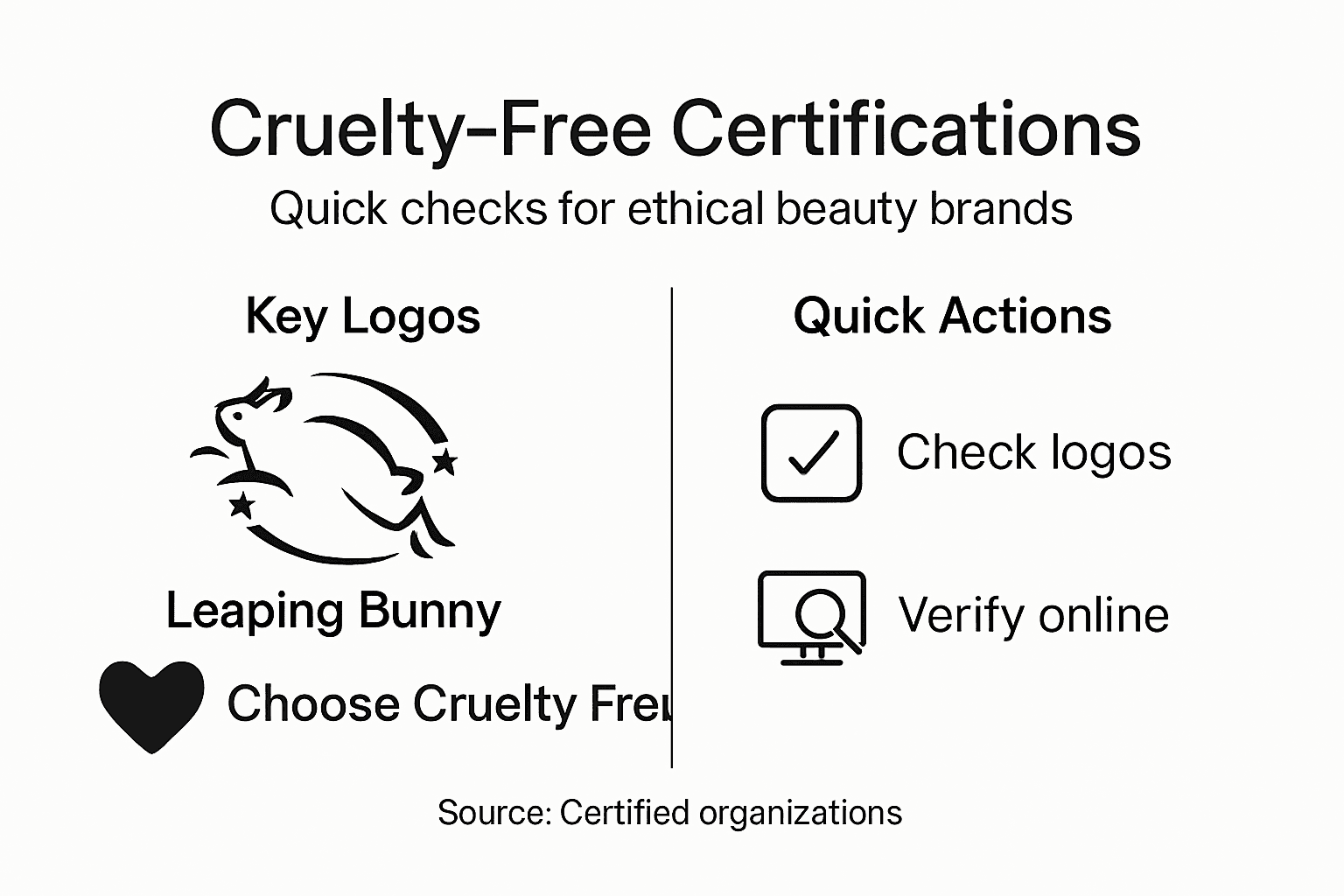 Infographic comparing cruelty free certification logos and actions