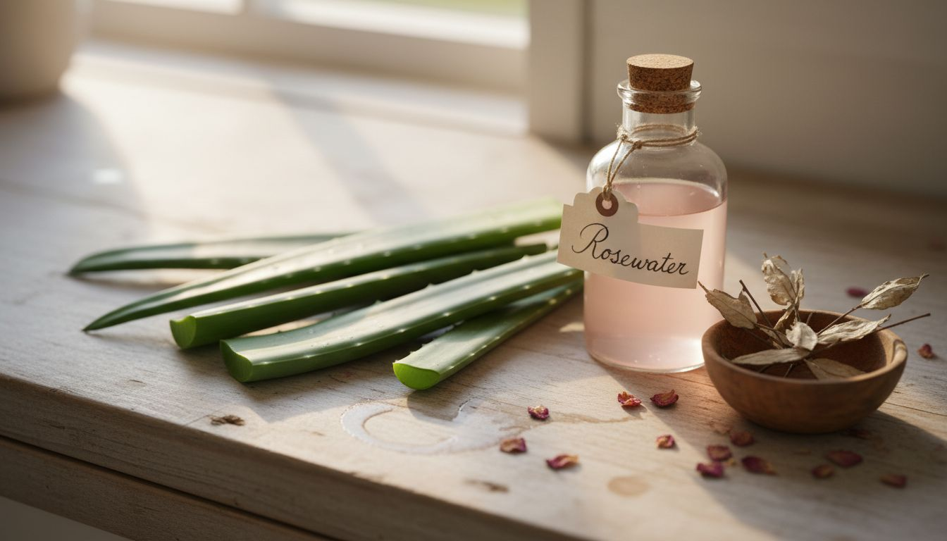 Close-up natural toner ingredients on counter