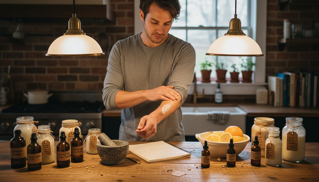 Man selecting natural skincare products kitchen