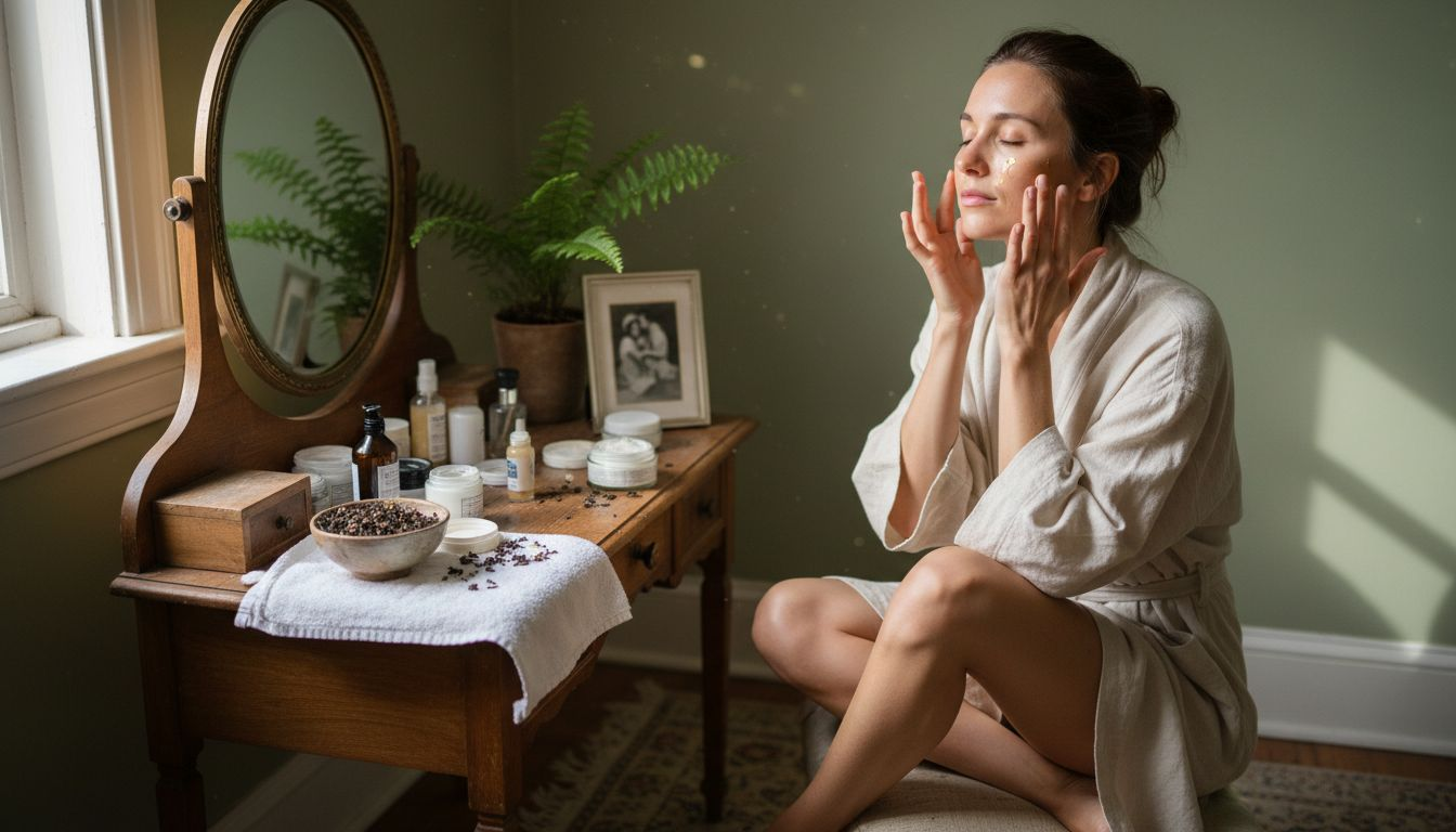 Woman applying essential oil in cozy bedroom