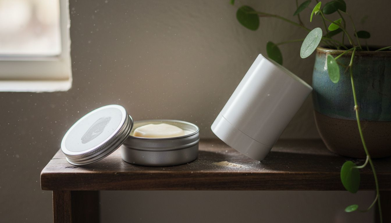 Solid lotion bar and powder cleanser on shelf