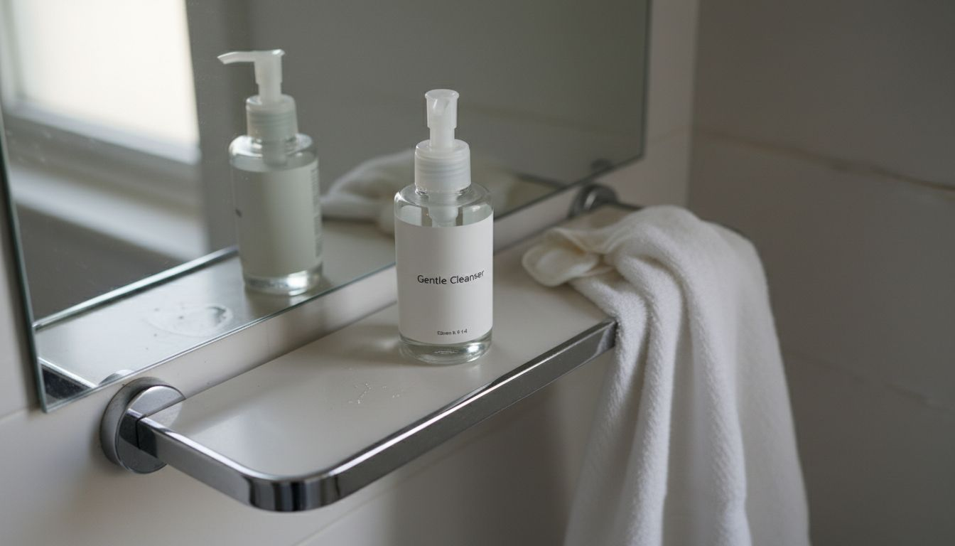 Simple cleanser shown on small bathroom shelf