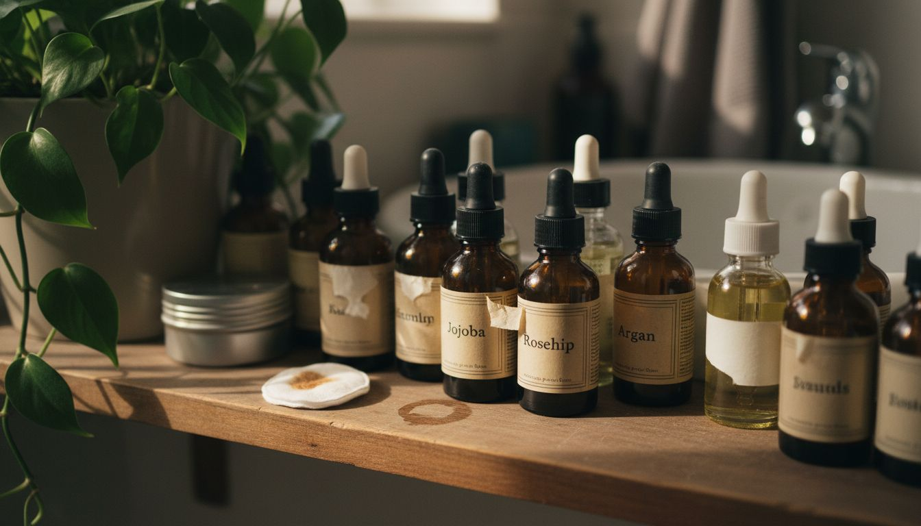 Shelf with vegan skincare oil bottles