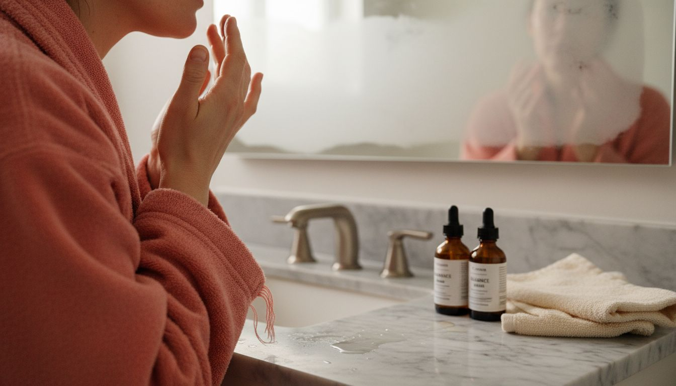 Hands applying facial oil to cheek
