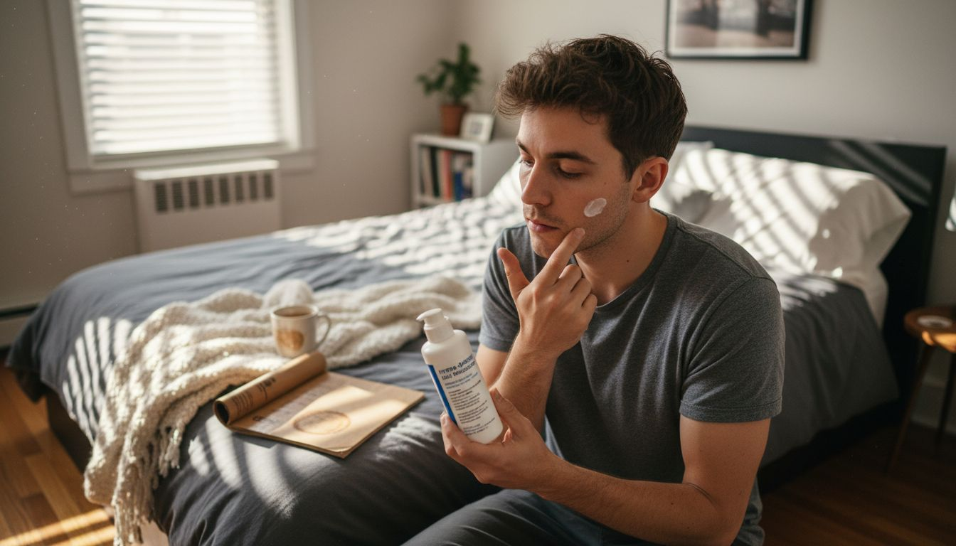 Man applying gentle moisturizer in bedroom