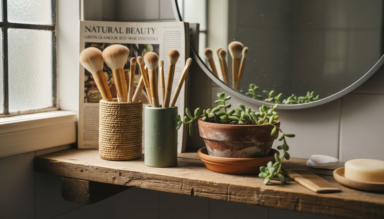 Eco-friendly makeup brushes on shelf