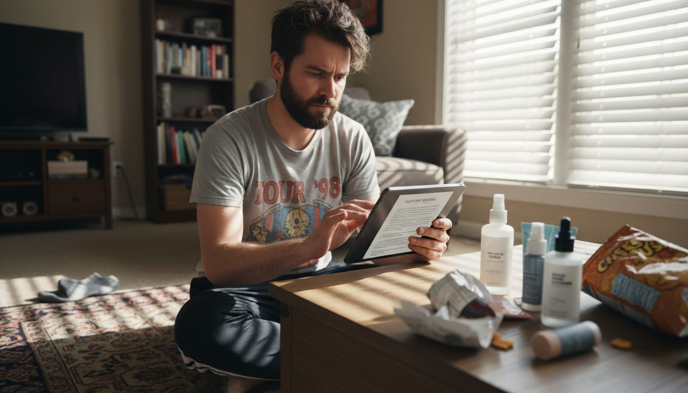 Man compares skincare reviews with bottles on table