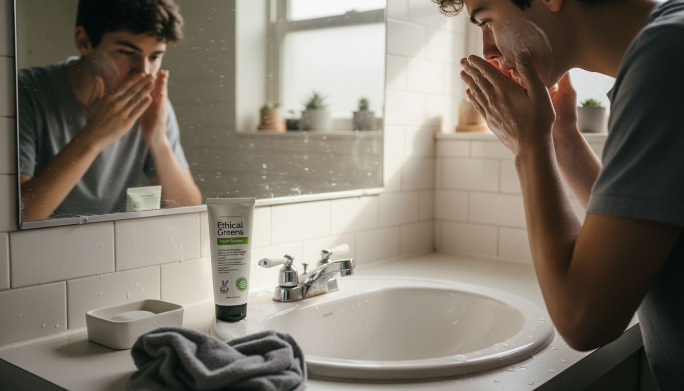 Teen using vegan cleanser at bathroom sink