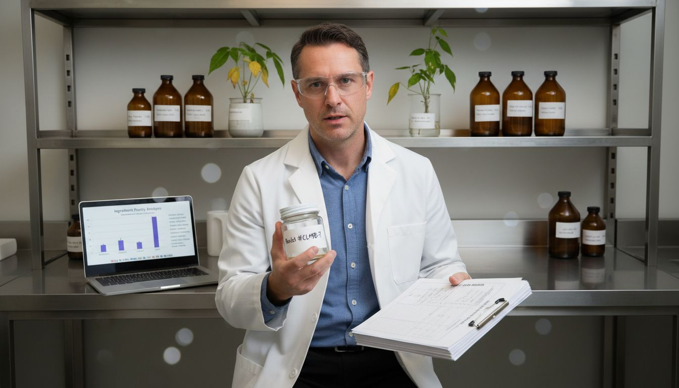 Chemist reviewing skincare ingredient safety