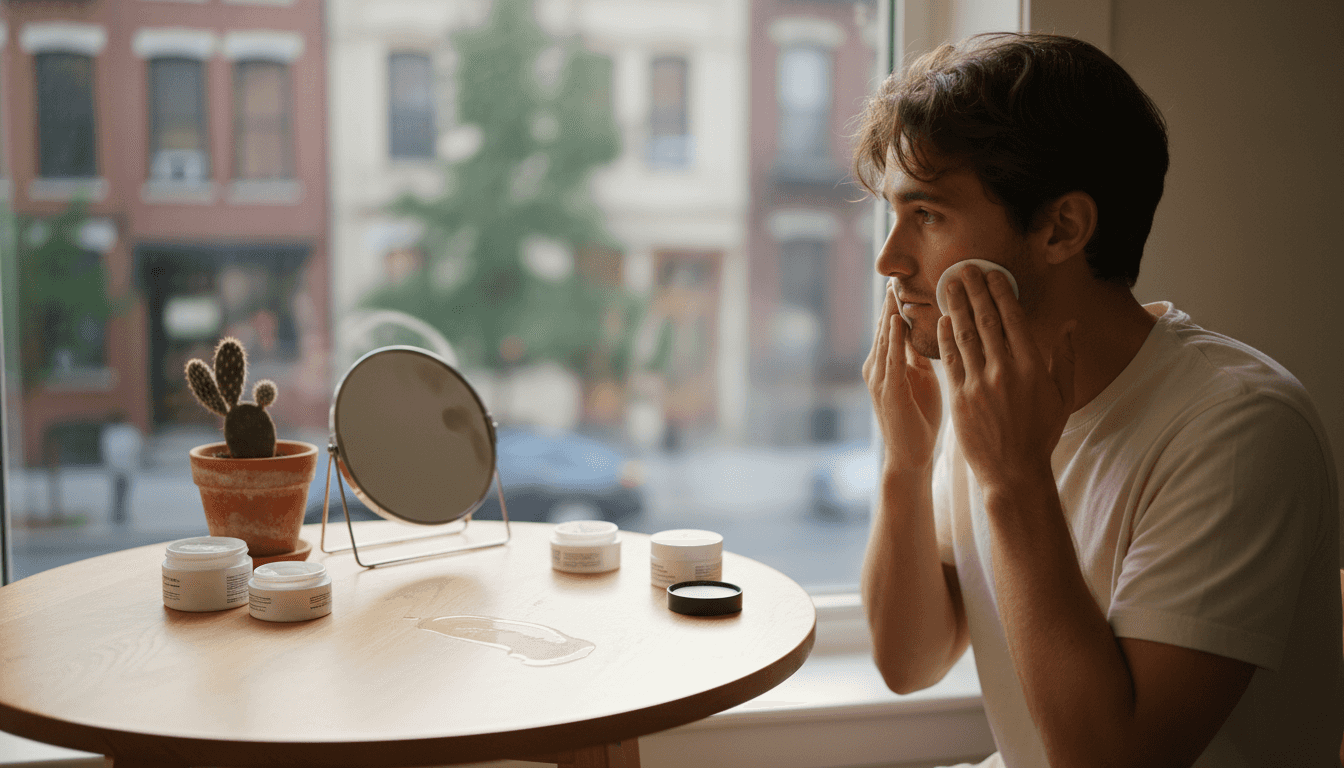 Man applying vegan toner at home table