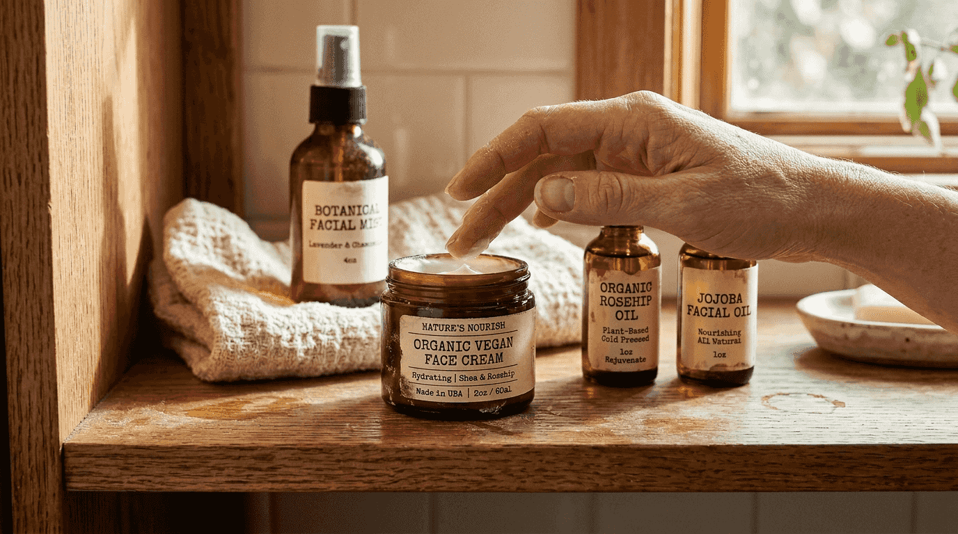 Vegan moisturizer and plant oils on bathroom shelf