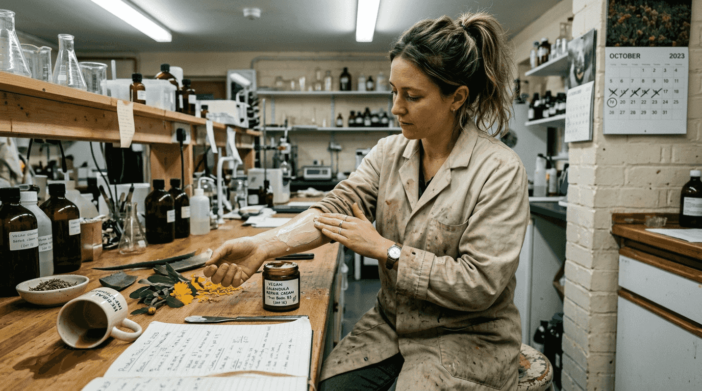 Product tester applying vegan skincare in lab