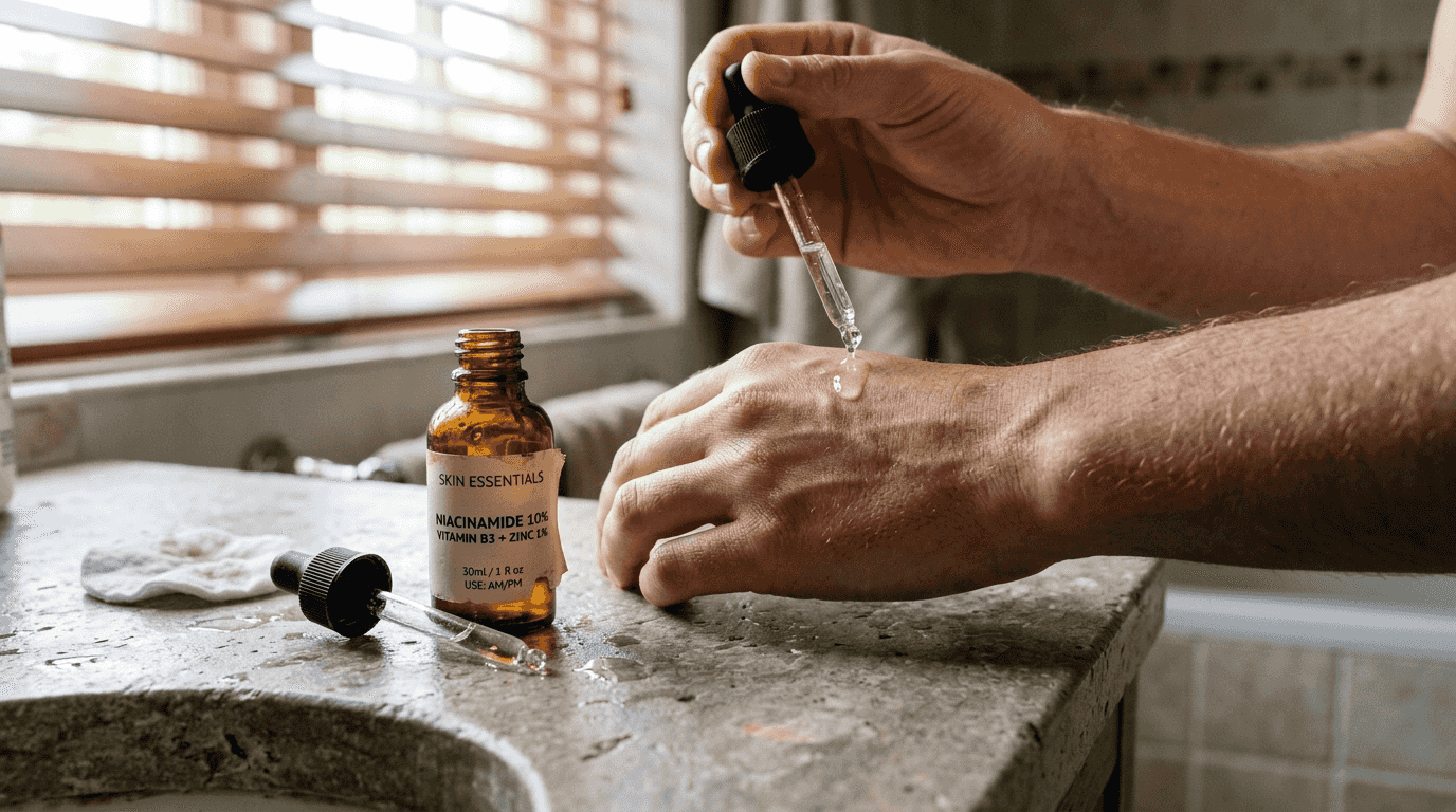 Close-up hand applying niacinamide serum