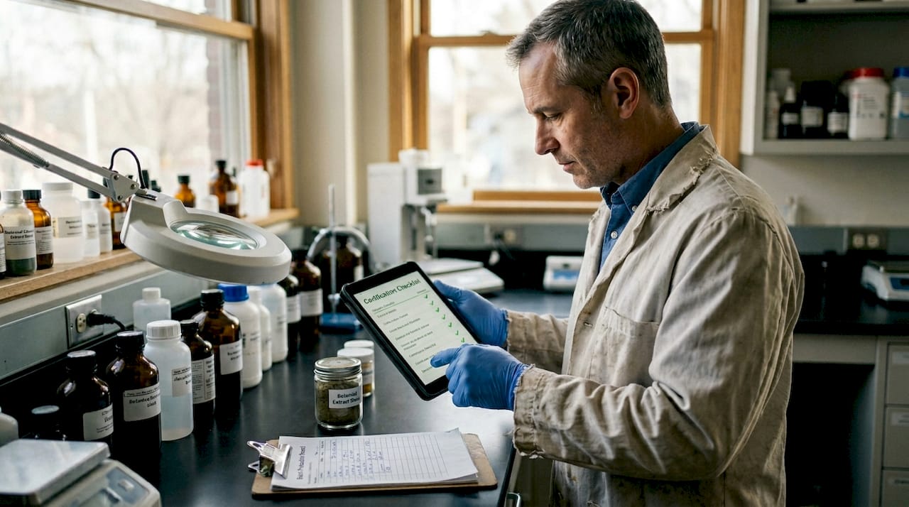 Chemist verifying vegan skincare lab ingredients