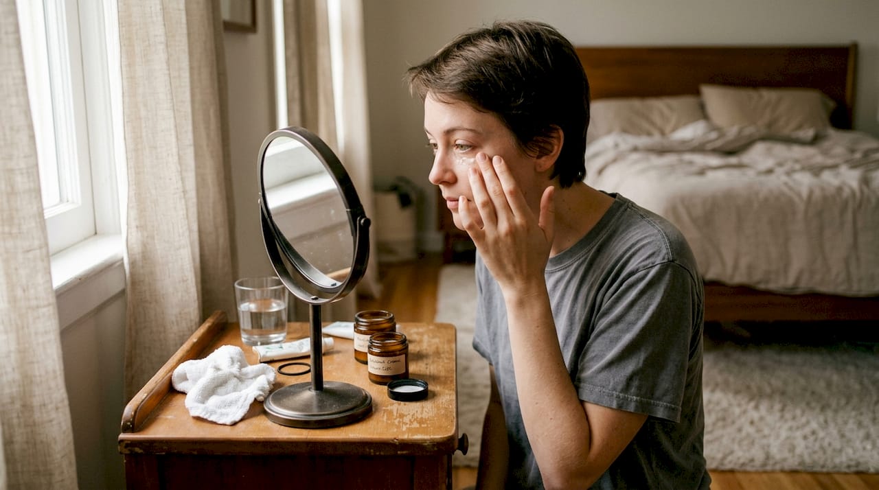 Person applying vegan eye cream at vanity