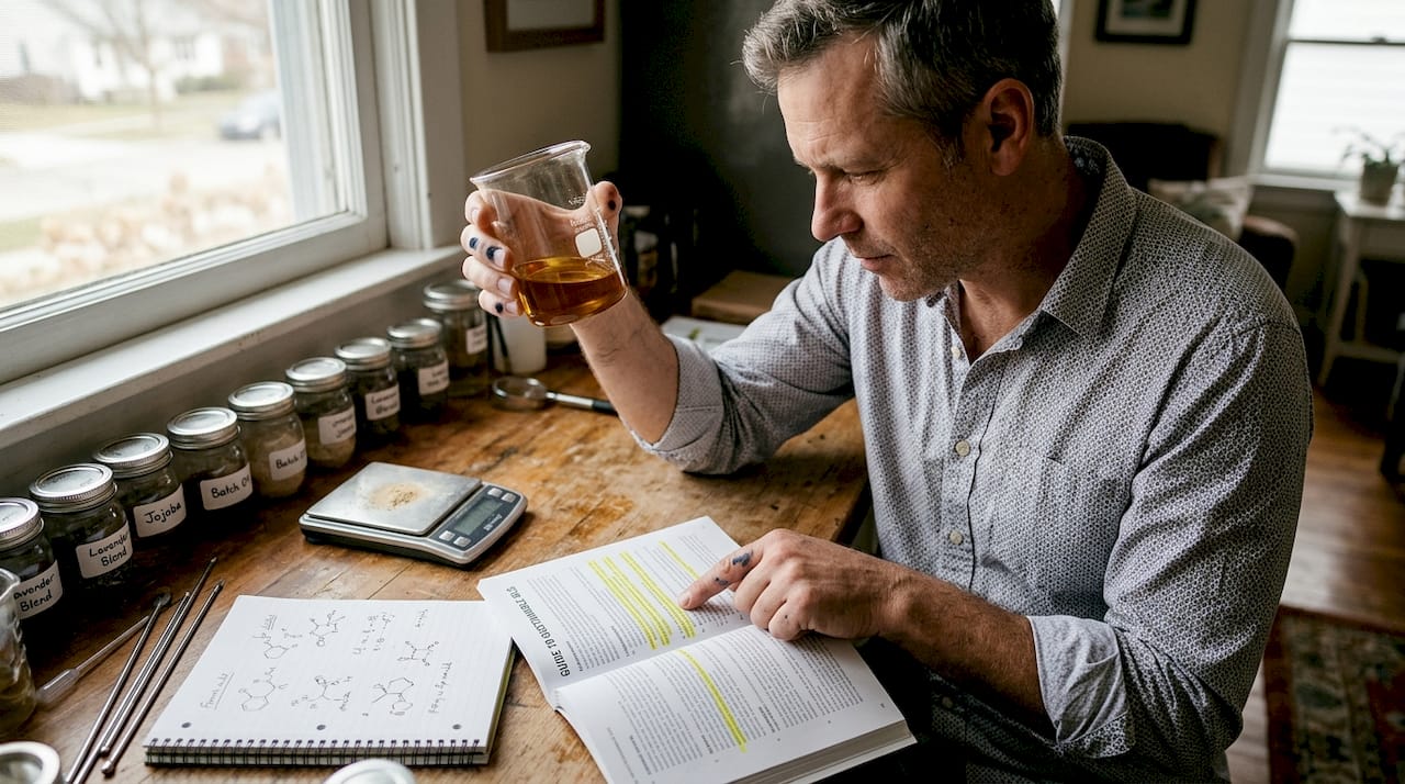 Hands preparing certified natural beauty formulation