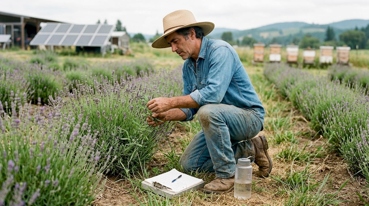 Farmer inspecting organic skincare plant crops