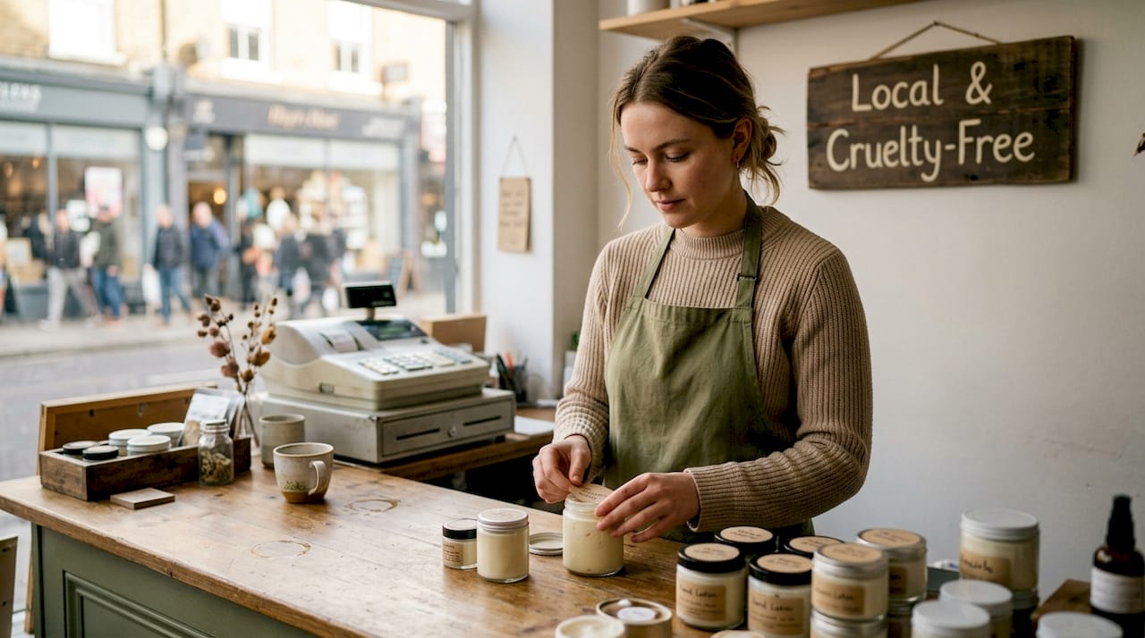 Woman labeling jars in natural skincare store
