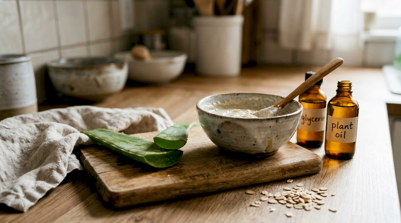 Closeup of vegan cleanser ingredients on counter