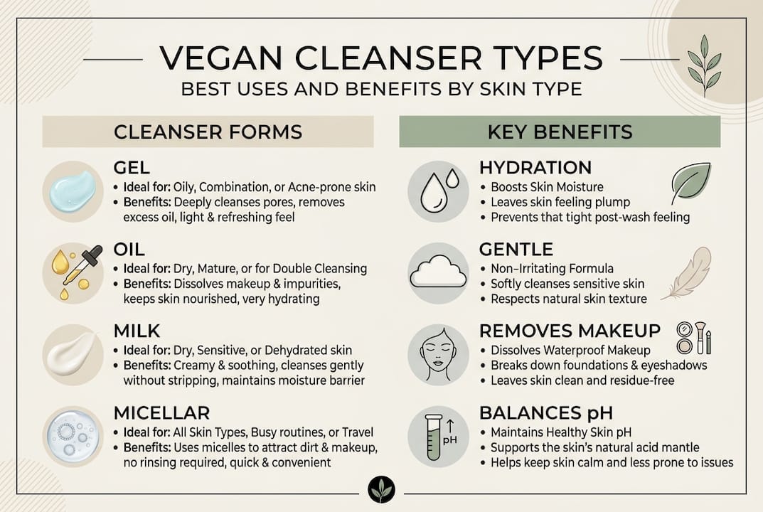 Infographic showing vegan cleanser types and benefits
