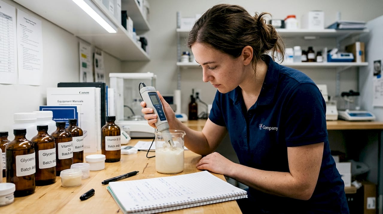 Lab technician testing skincare product pH level