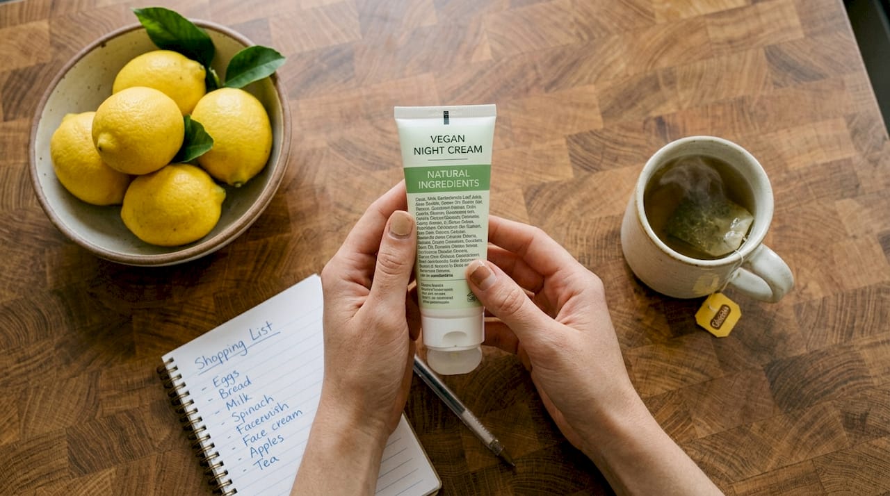 Hands reading vegan skincare ingredient list