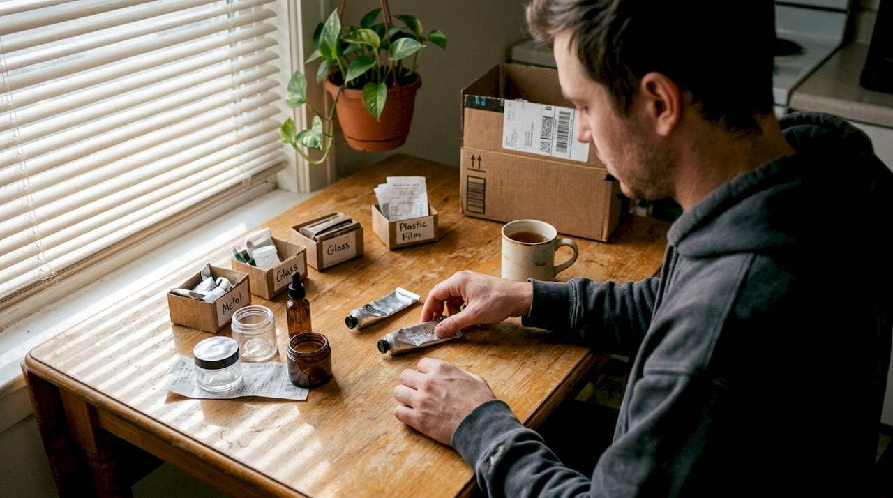 Man sorting eco-friendly beauty packaging