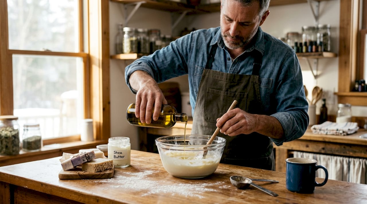 Hand mixing natural soap ingredients kitchen