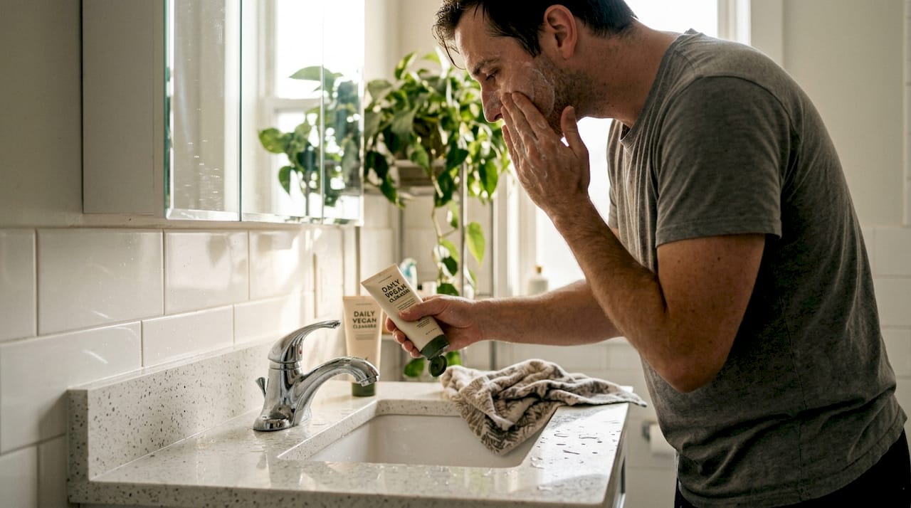 Man applying vegan facial cleanser in bathroom