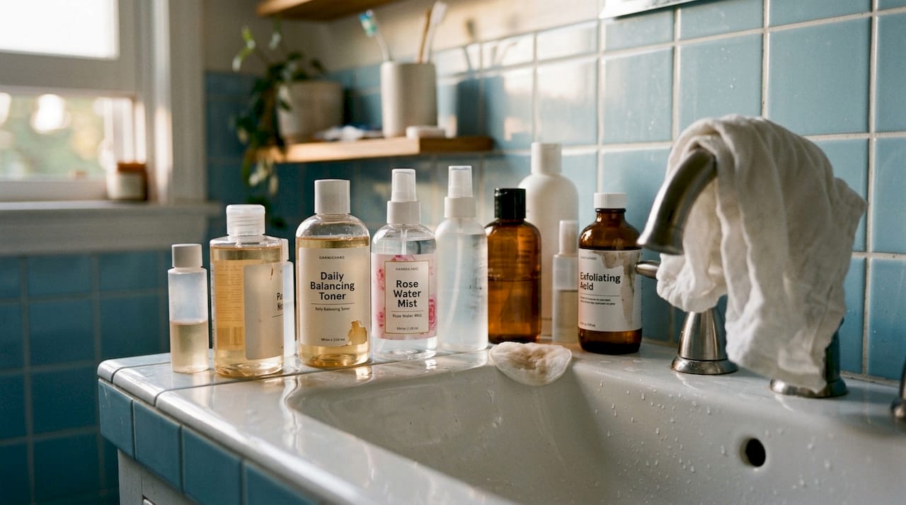 Toner bottles grouped around bathroom sink