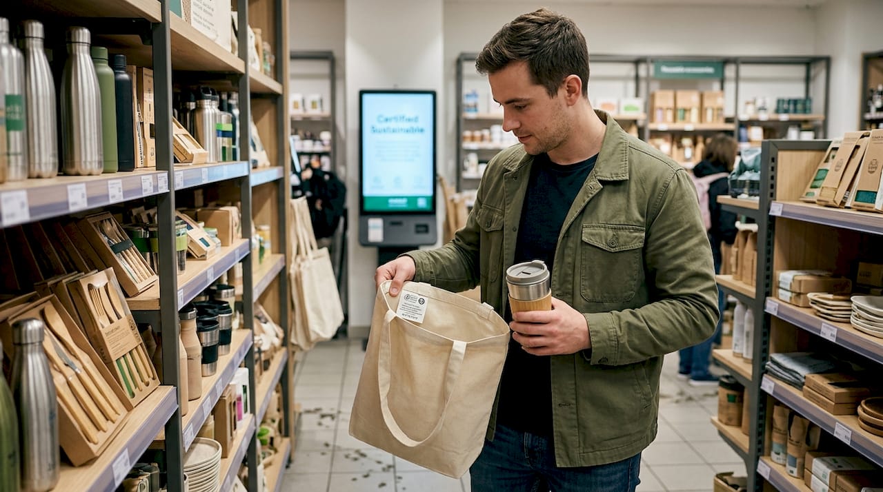 Man checking eco label on accessory