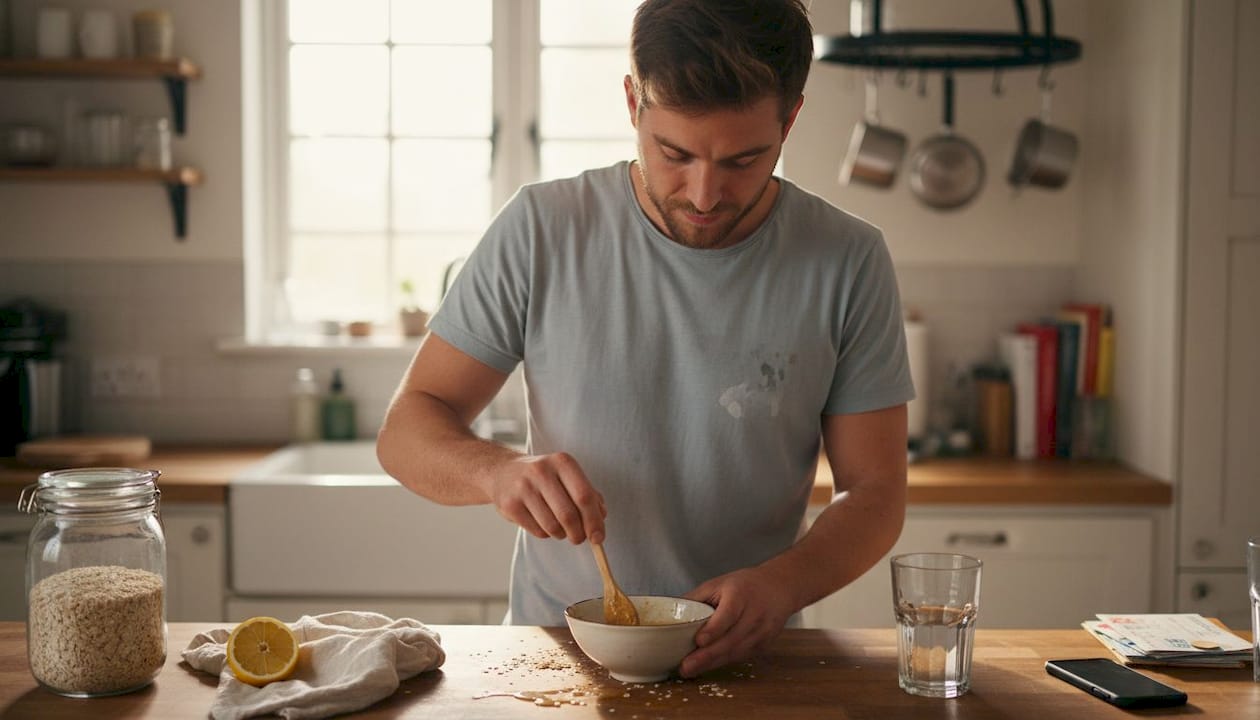 Man mixing homemade skin mask in kitchen