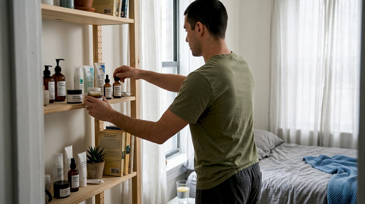 Man swaps vegan skincare products on shelf
