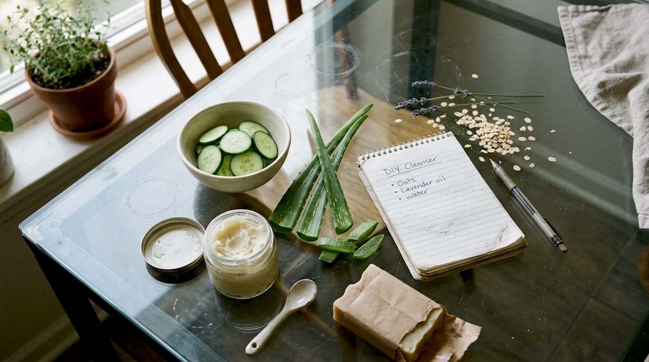 Natural vegan skincare ingredients on kitchen table