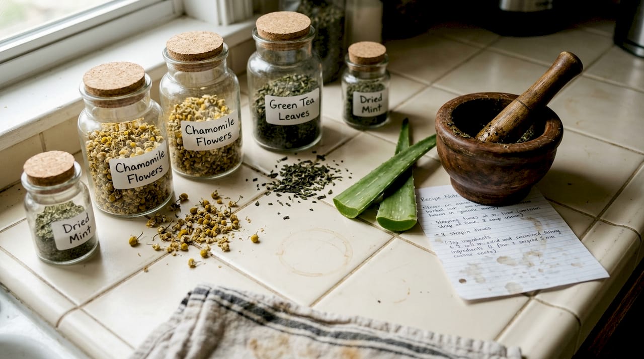 Natural toner botanicals on kitchen counter
